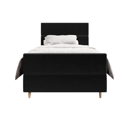 Łóżko kontynentalne Benet 90x200 czarne w nowoczesnym skandynawskim stylu z tapicerowanym zagłówkiem oraz zanóżkiem łóżko z pojemnikiem