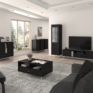 Zestaw mebli do salonu Kioto II czarny grafit stylowy design eleganckie meble wzbogacone złotymi wysokimi nogami