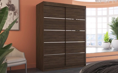 Szafa przesuwna Luft 150 cm dąb sonoma czekolada funkcjonalna szafa do sypialni fronty wykończone poziomymi srebrnymi listwami