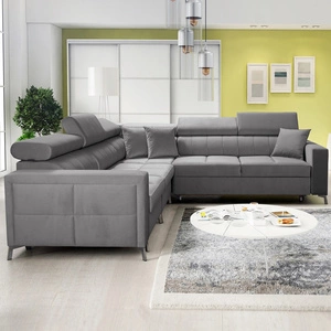 Narożnik z funkcją spania Nausa IV szary lewostronny velvet dekoracyjne przeszycia na siedzisku narożnik z pojemnikami na pościel