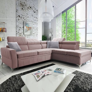 Narożnik z funkcją spania Rava III lawendowy róż prawostronny velvet komfortowy narożnik z regulowanymi zagłówkami i pojemnikiem na pościel