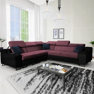 Narożnik z funkcją spania Alcamo III burgundowy / czarny lewostronny funkcjonalny narożnik z szufladą w boczku dwa pojemniki na pościel