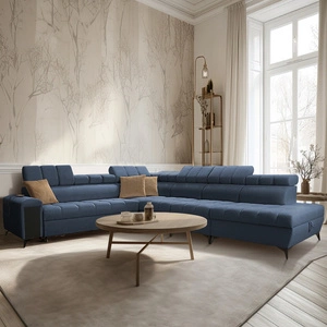 Narożnik z funkcją spania Bolmso XII niebieski prawostronny nowoczesny design narożnik zapewnia komfort obszerne pojemniki na pościel