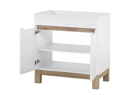 Szafka pod umywalkę Bali 80 cm biały połysk / dąb wotan nowoczesna szafka do łazienki osadzona na stabilnych nogach oryginalny design