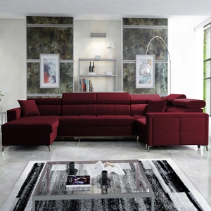 Narożnik z funkcją spania Nausa V bordowy lewostronny elegancki narożnik do salonu wykonany z miękkiej tkaniny typu velvet