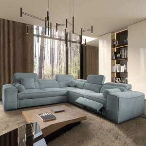 Narożnik z funkcją spania Viano III Lux szary błękit prawostronny nowoczesny narożnik z wysuwanym podnóżkiem pojemnik na pościel