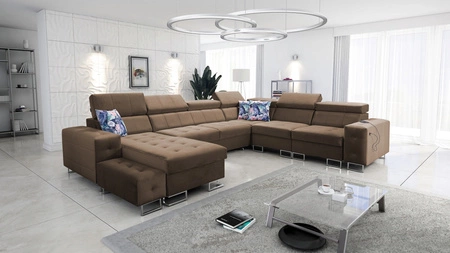 Narożnik z funkcją spania Hampton VIII jasny brąz lewostronny nowoczesny design narożnik rozkładany do salonu funkcjonalna dostawka