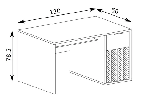 Biurko Fonti 120 cm dąb karmel z szufladą czarne uchwyty krawędziowe geometryczne kształty finezyjne zdobienie w postaci jodełki