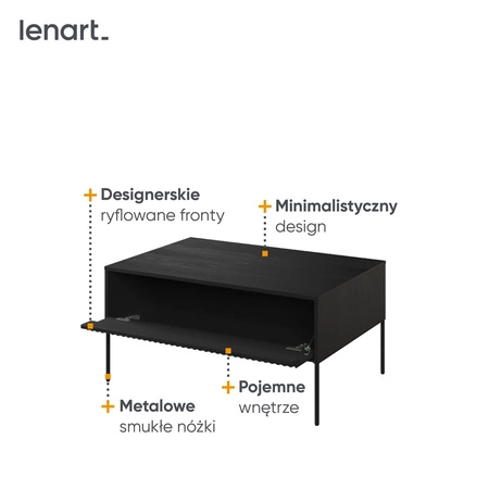Stolik kawowy Trend czarny nowoczesny i elegancki design stolik z charakterystycznym ryflowanym frontem osadzony na metalowych nogach