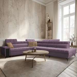 Narożnik z funkcją spania Bolmso XII fioletowy prawostronny nowoczesny design narożnik zapewnia komfort obszerne pojemniki na pościel