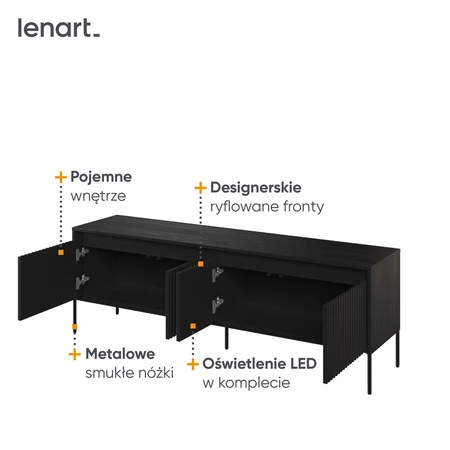Szafka RTV Trend 167 cm czarna praktyczna i stylowa szafka z ryflowanymi frontami wzbogacona o oświetlenie LED metalowa podstawa