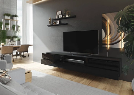 Szafka RTV wisząca Lutra 258 cm czarna / czarny połysk z półkami stylowy design szafki pod telewizor z frontami na wysoki połysk