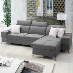 Narożnik z funkcją spania Elgin szary prawostronny narożnik z regulowanymi zagłówkami praktyczne szuflady w boczkach mebla