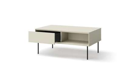 Stolik kawowy Epiro beżowy stylowy design stolik z szufladami osadzony na stabilnej metalowej podstawie praktyczna konstrukcja