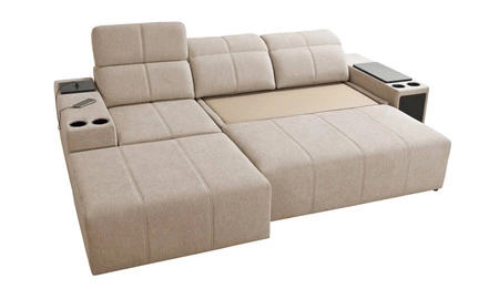 Narożnik z funkcją spania Tesalia zielony lewostronny nowoczesny design komfortowe przesuwane oparcie szuflada w boczku mebla