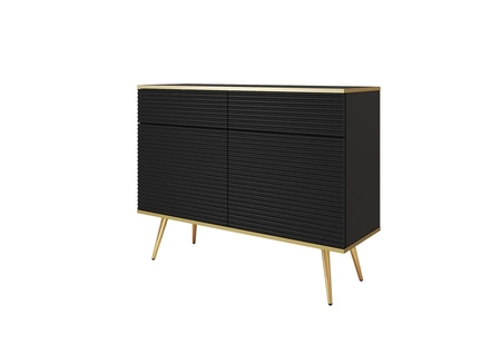 Komoda z szufladami Luxury 107 cm czarna stylowa komoda z ryflowanymi frontami korpus zwieńczony złotą listwą złote metalowe nogi