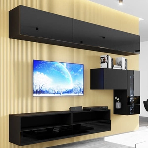 Meblościanka Patras czarna / czarny połysk modna i stylowa meblościanka tworzona na wzór geometrii proste kształty brył