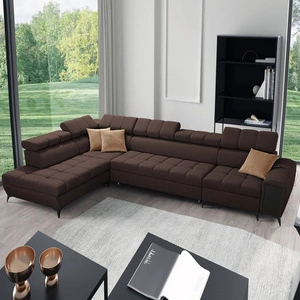 Narożnik z funkcją spania Bolmso XI brązowy lewostronny stylowy design narożnik rozkładany z szufladą i pojemnikami na pościel