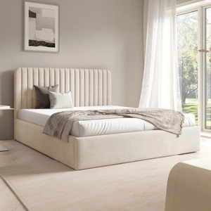 Łóżko tapicerowane Faro 140x200 kremowe wygodne łóżko do sypialni designerskie wezgłowie o subtelnie zaokrąglonym kształcie