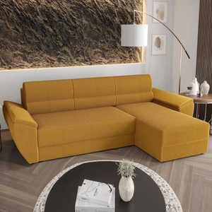 Narożnik z funkcją spania Fogu II miodowy prawostronny stylowy narożnik z komfortowymi podłokietnikami i pojemnikiem na pościel