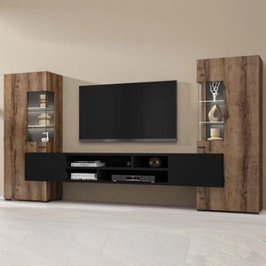 Meblościanka Coby dąb monastery / czarny stylowe meble o ciekawym designie czarne uchwyty meblościanka do salonu elementy z szkła hartowanego