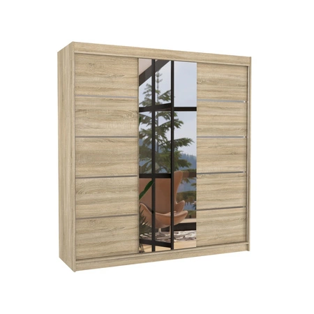 Szafa przesuwna z lustrem Bergen 200 cm dąb sonoma jasny klasyczna forma dekoracyjne listwy na frontach szafy do przedpokoju