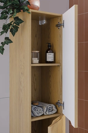 Słupek łazienkowy wiszący Nordic Cremona 35 cm dąb cremona designerska szafka z subtelnym ryflowaniem asymetryczny frezowany uchwyt