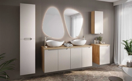 Szafka łazienkowa wisząca Luxor 35 cm dąb olejowany / beżowy designerska szafka do łazienki z oryginalnym trójwymiarowym ryflowaniem