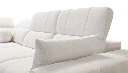 Narożnik z funkcją spania Penejos IX ciemny beżowy lewostronny stylowy narożnik z pojemnikami na pościel wygodne regulowane zagłówki