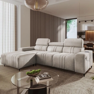 Narożnik z funkcją spania Castel beżowy lewostronny komfortowy i stylowy narożnik rozkładany z pojemnikiem na pościel