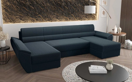 Narożnik z funkcją spania Fogu U III niebieski stylowy narożnik z podłokietnikami i pojemnikiem na pościel sztruksowa tkanina