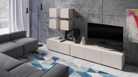 Szafka RTV Apulia 150 cm beżowa z możliwością podwieszenia minimalistyczny design prosta bryła wpisująca się w każde wnętrze