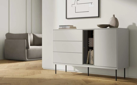 Komoda z szufladami Epiro 134 cm beżowy / dąb ciemny wyjątkowy design komoda z eleganckim przeszklonym frontem i oświetleniem LED