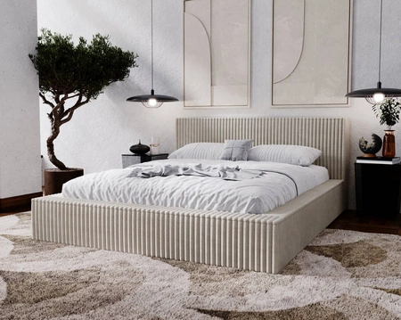 Łóżko tapicerowane Tilo 140x200 jasny szary nowoczesny design łóżko z pojemnikiem na pościel z komfortowym zagłówkiem tkanina z wyrazistymi prążkami