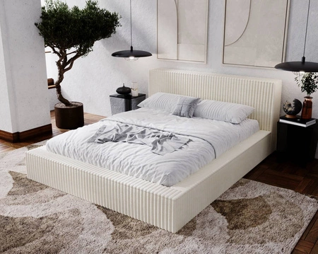 Łóżko tapicerowane Tilo 180x200 kremowe nowoczesny design łóżko z pojemnikiem na pościel z komfortowym zagłówkiem tkanina z wyrazistymi prążkami