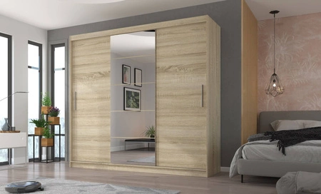 Szafa przesuwna z lustrem Erwin 235 cm dąb sonoma jasny pojemna i stylowa szafa do sypialni z wewnętrznymi szufladami solidne wykonanie