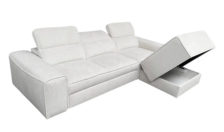 Narożnik z funkcją spania Viano jasny brąz prawostronny stylowy narożnik o ciekawym kształcie regulowane zagłówki ozdobne poduszki