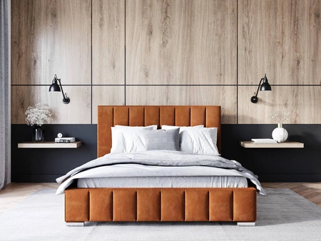 Łóżko tapicerowane Insam 180x200 cynamonowe stylowe łóżko z pojemnikiem na pościel wygodny zagłówek zachwyca eleganckim designem