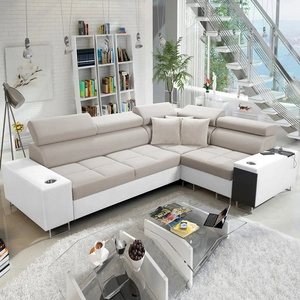 Narożnik z funkcją spania Dafni II jasny beż / biały prawostronny velvet narożnik z pojemnikiem na pościel i szufladą w boczku