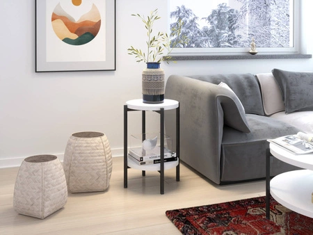 Stolik kawowy okrągły 44 cm Sampi biały z dodatkową półką lekki design solidna metalowa podstawa zachwycająca ozdoba każdego wnętrza