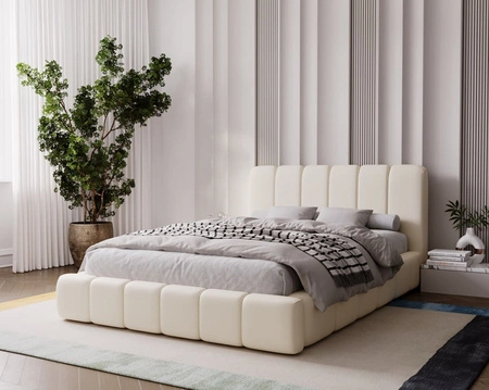 Łóżko tapicerowane Malmi 140x200 beżowe stylowe łóżko z pojemnikiem na pościel wygodny zagłówek zachwyca eleganckim designem