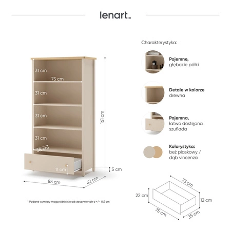 Regał Story 85 cm beżowy / dąb vincenza bielona oryginalna bryła w stonowanej kolorystyce regał do pokoju młodzieżowego duża szuflada