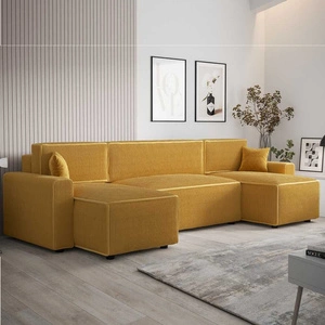 Narożnik z funkcją spania Brandon U Bis miodowy pojemnik na pościel trójwymiarowa tkanina o wyrazistych prążkach miękkie podłokietniki