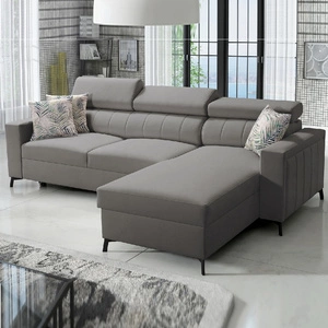 Narożnik z funkcją spania Savona szary prawostronny wygodny i elegancki narożnik z regulowanymi zagłówkami dekoracyjne przeszycia