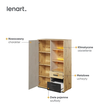 Komoda wysoka Qubic 90 cm dąb artisan / raw steel / silk flou nowoczesna komoda z szufladami wzbogacona o oświetlenie ledowe