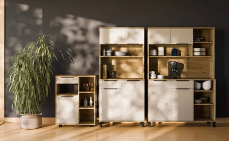 Kredens kuchenny Soela 119 cm dąb artisan / beżowy bufet do kuchni doskonały do aranżacji małego aneksu kuchennego w mieszkaniu