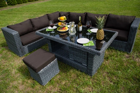 Zestaw mebli ogrodowych Maestoso szary niebanalny design modułowy narożnik ogrodowy komplet technorattanowy z dużym stołem i pufami