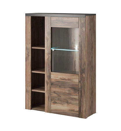 Meblościanka Larona orzech satin / touchwood prosta forma mebli w nowoczesnym wydaniu elementy z szkła hartowanego