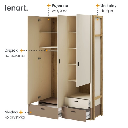 Szafa Lenny 135 cm beżowy / truflowy / dąb artisan nowoczesny design szafa wzbogacona o szuflady idealna do pokoju młodzieżowego
