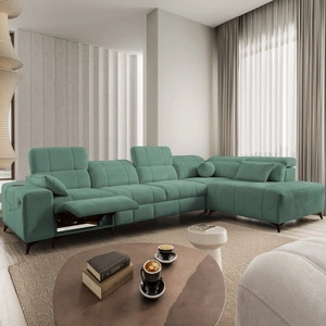 Narożnik z funkcją spania Penejos XI Lux zielony prawostronny stylowy narożnik rozkładany z komfortowym wysuwanym podnóżkiem